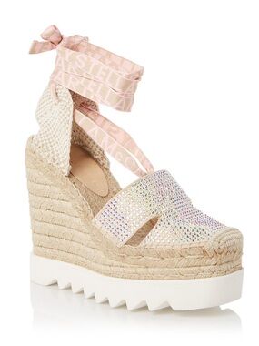 Stella McCartney Pink Crystal Espadrille Wedge Ankle Tie Sandals